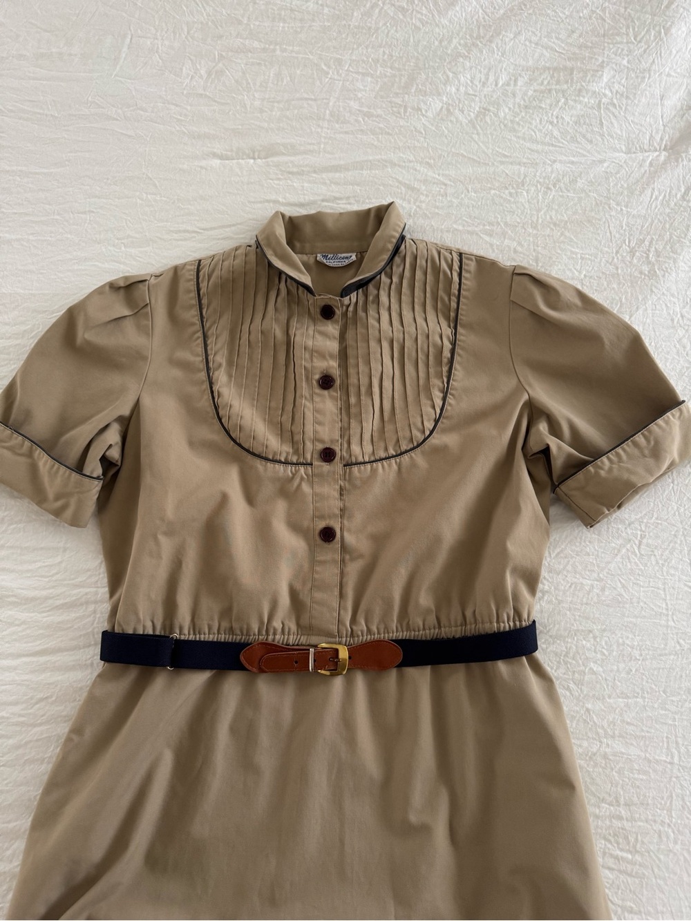 Vintage Millicent California Khaki Shirt Dress Pintuck Bib Puff Sleeve - Picture 4 of 9